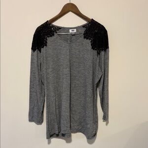 Old Navy Gray Long Sleeve Top with Black Lace Shoulders